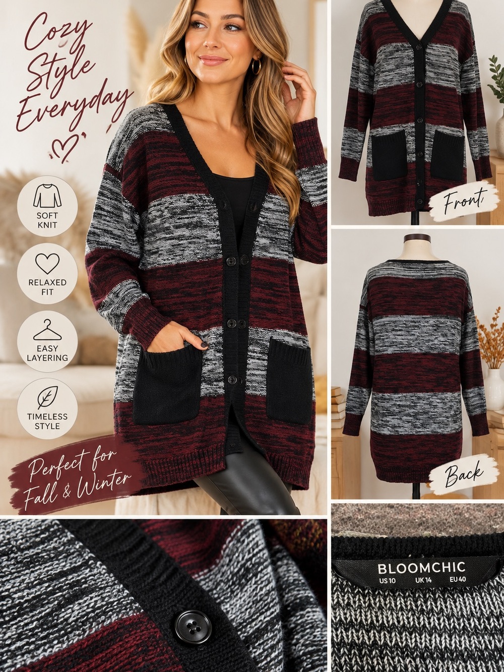 BloomChic Striped Cardigan Women’s Burgundy Gray Black Button Front Pocket Knit
